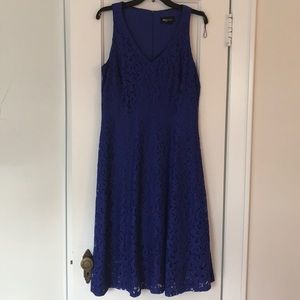 Blue lace overlay fit and flare dress